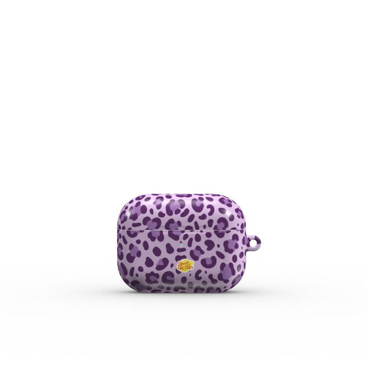 Coque AirPods motif léopard mauve, vue fermée