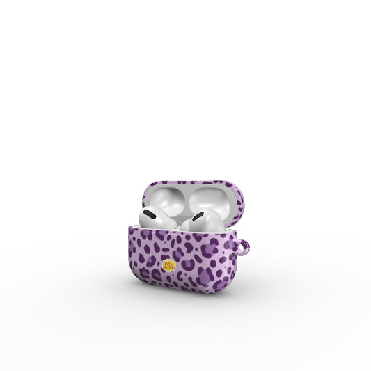 Coque AirPods motif léopard mauve, vue ouverte