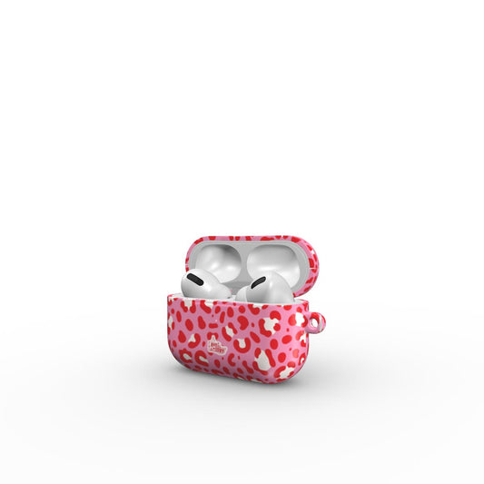 Coque AirPods motif léopard rose, vue ouverte