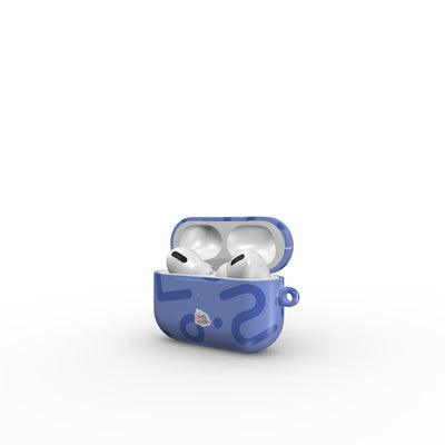 Coque AirPods motif tortillon bleu, vue ouverte