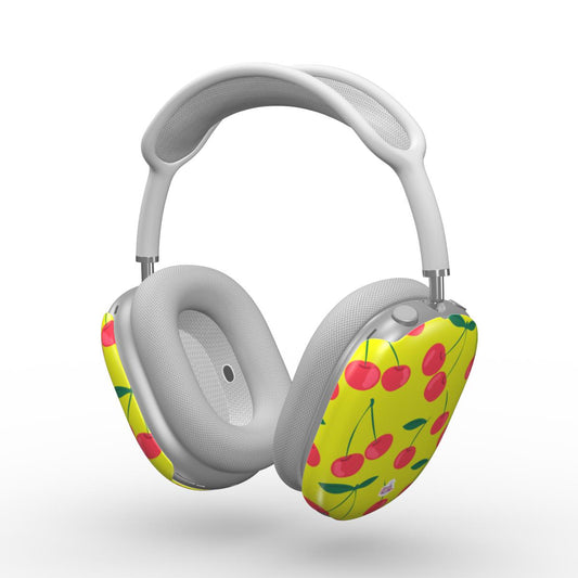 Coque AirPods Max motif cerise vert, vue trois quarts