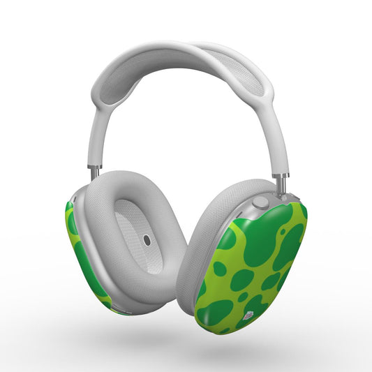 Coque AirPods Max motif dinosaure vert, vue trois quarts
