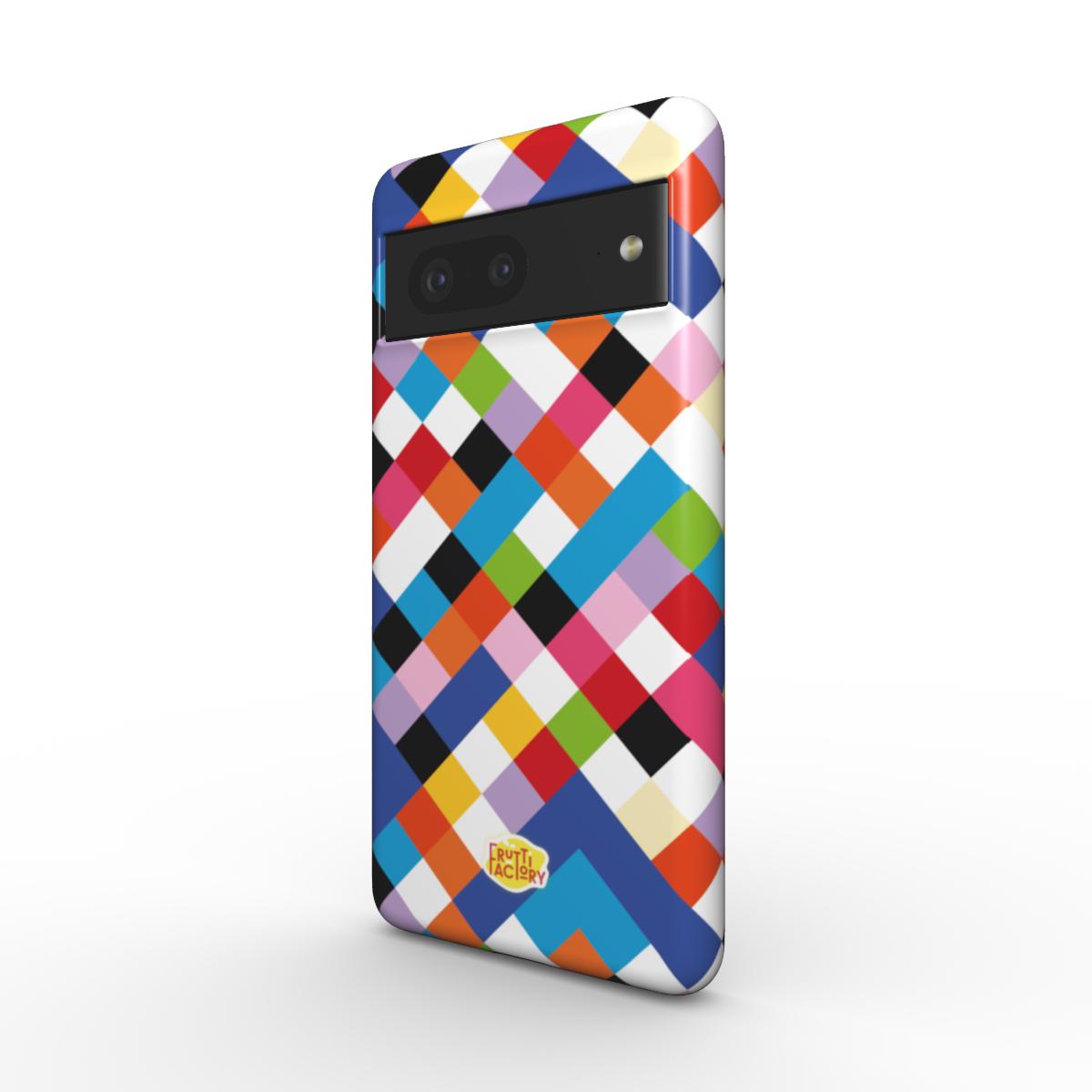 Coque antichoc Google Pixel arlequin multicolore, vue trois quarts