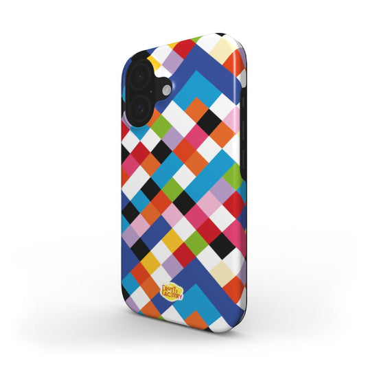 Coque antichoc iPhone arlequin multicolore, vue trois quarts