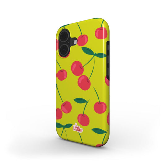 Coque antichoc iPhone cerise vert, vue trois quarts