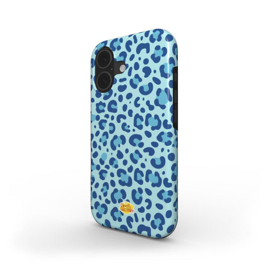 Coque antichoc iPhone léopard bleu, vue trois quarts