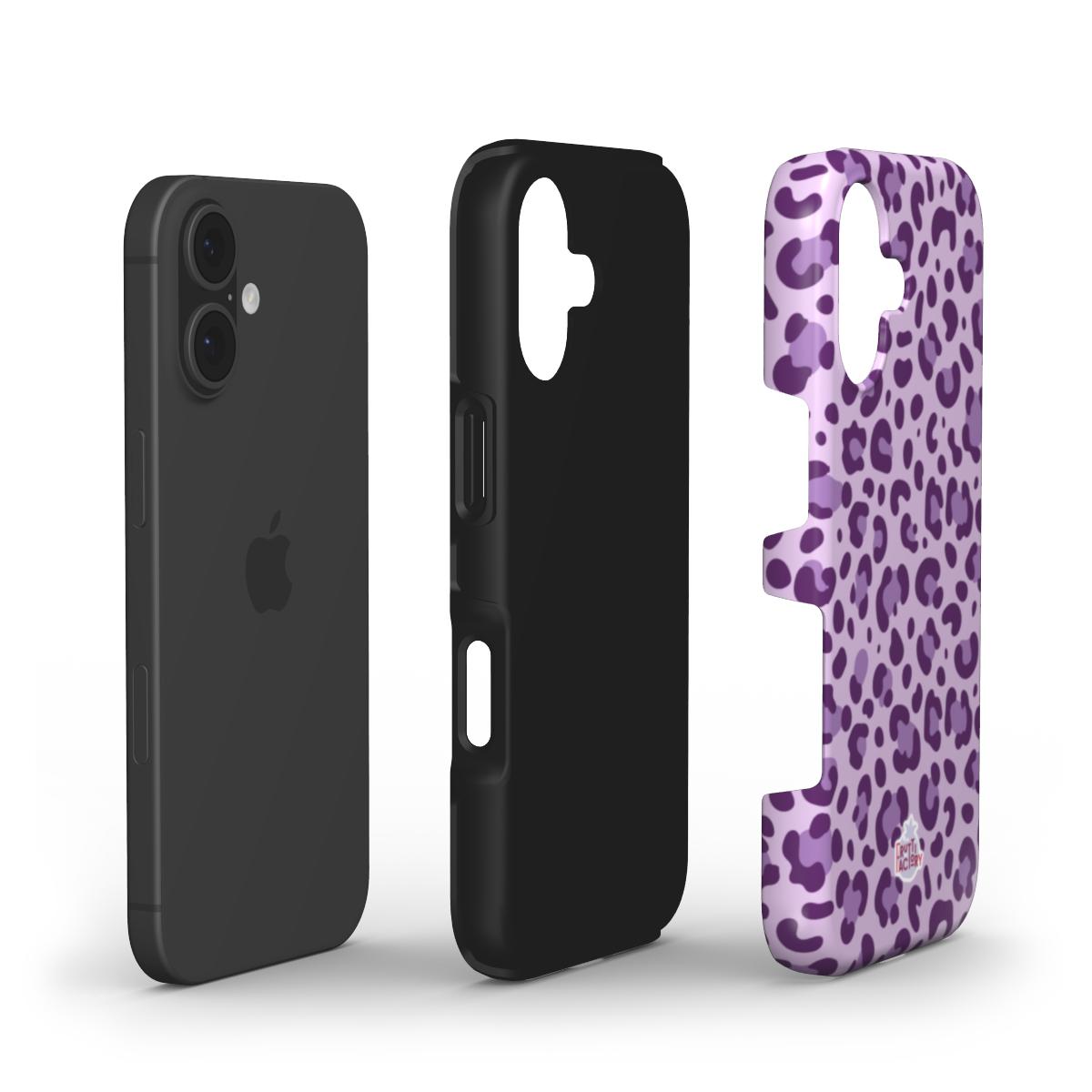 Coque antichoc iPhone léopard mauve, vue éclatée