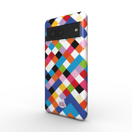 Coque antichoc magnétique Google Pixel arlequin multicolore, vue trois quarts