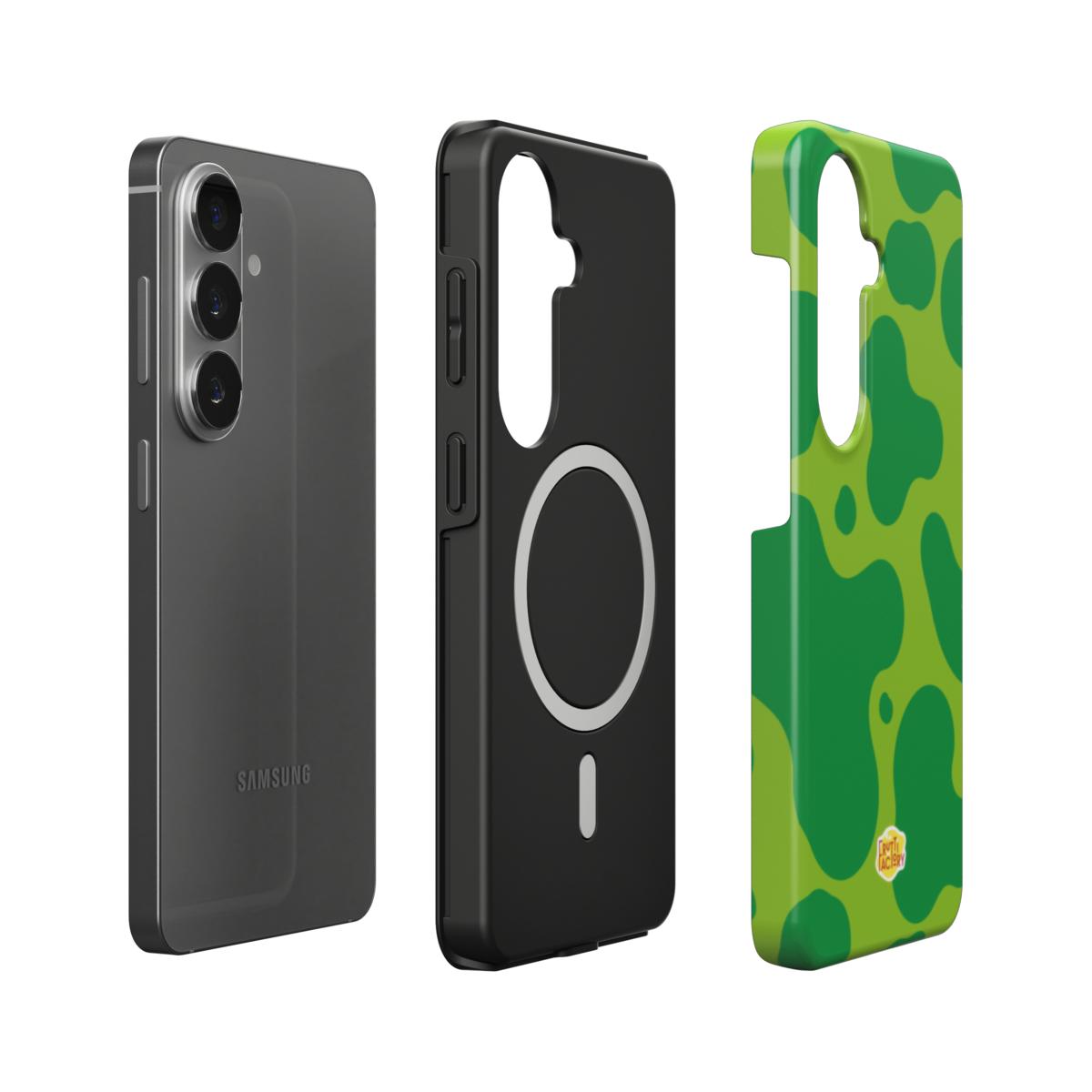 Coque antichoc magnétique Samsung Galaxy dinosaure vert, vue éclatée