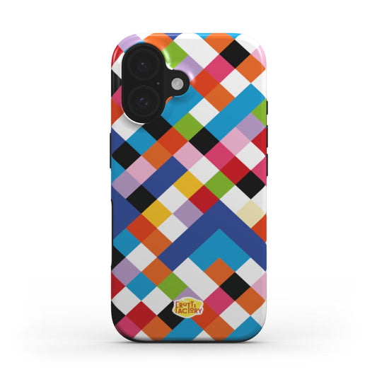 Coque antichoc MagSafe iPhone arlequin multicolore, vue de face