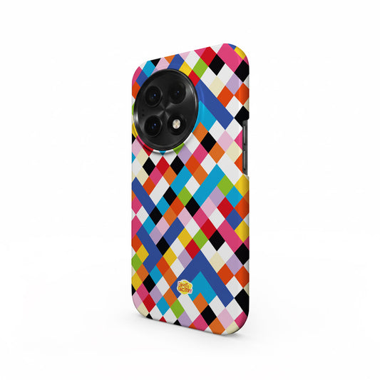 Coque antichoc OnePlus arlequin multicolore, vue trois quarts