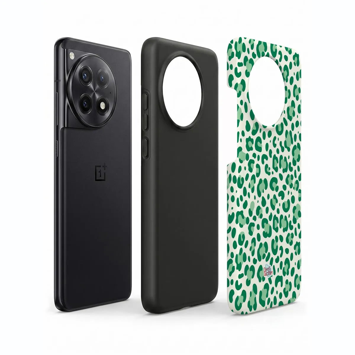 Coque antichoc OnePlus léopard vert, vue éclatée