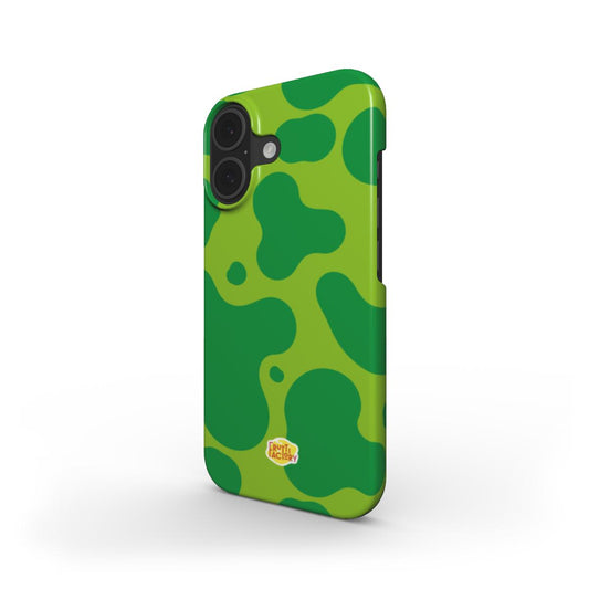 Coque fine et légère iPhone dinosaure vert, vue trois quarts
