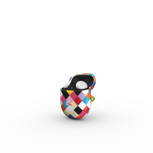 Coque Google Pixel Buds motif arlequin multicolore, vue ouverte