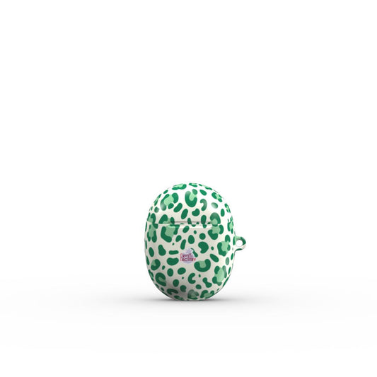 Coque Google Pixel Buds motif léopard vert, vue fermée