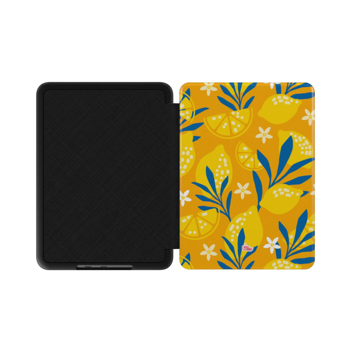 Coque Kindle motif citron jaune, vue à plat montrant le rabat de protection et la coque arrière