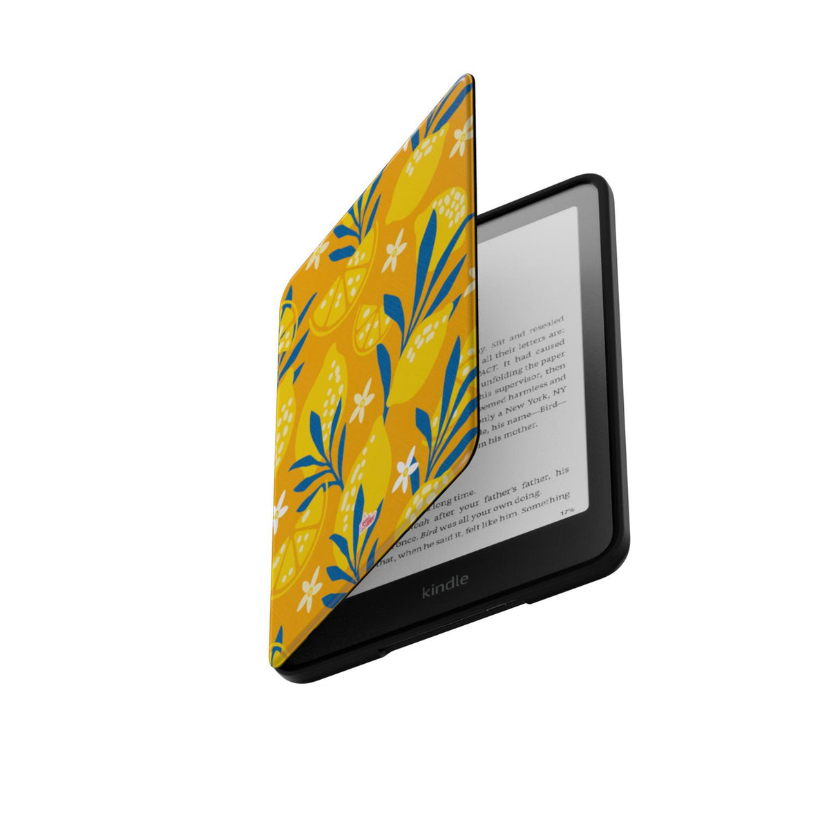 Coque Kindle motif citron jaune, rabat ouvert laissant apparaître la liseuse Kindle