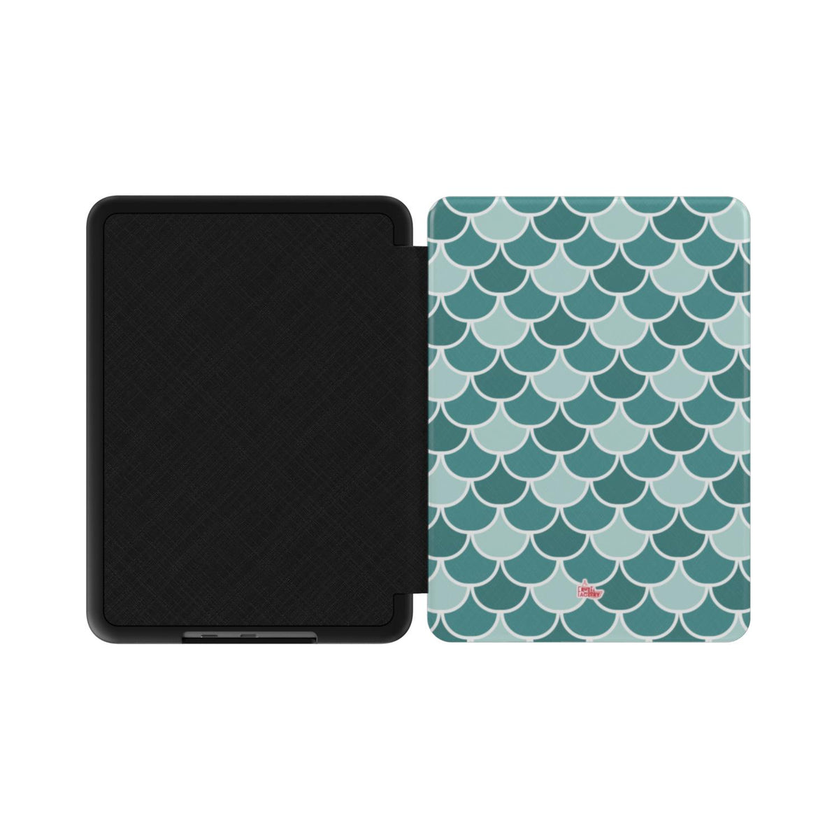 Coque Kindle motif écailles vert, vue à plat montrant le rabat de protection et la coque arrière