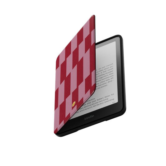 Coque Kindle motif géométrique en briques décalées rose, rabat ouvert laissant apparaître la liseuse Kindle
