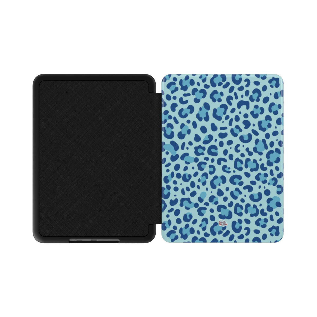 Coque Kindle motif léopard bleu, vue à plat montrant le rabat de protection et la coque arrière