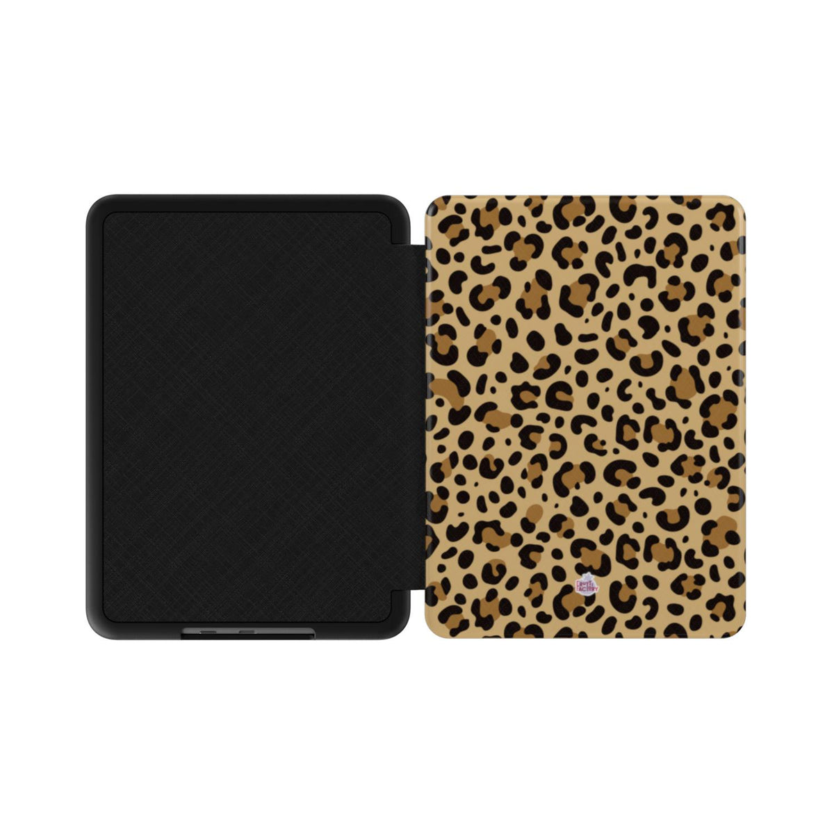 Coque Kindle motif léopard brun, vue à plat montrant le rabat de protection et la coque arrière