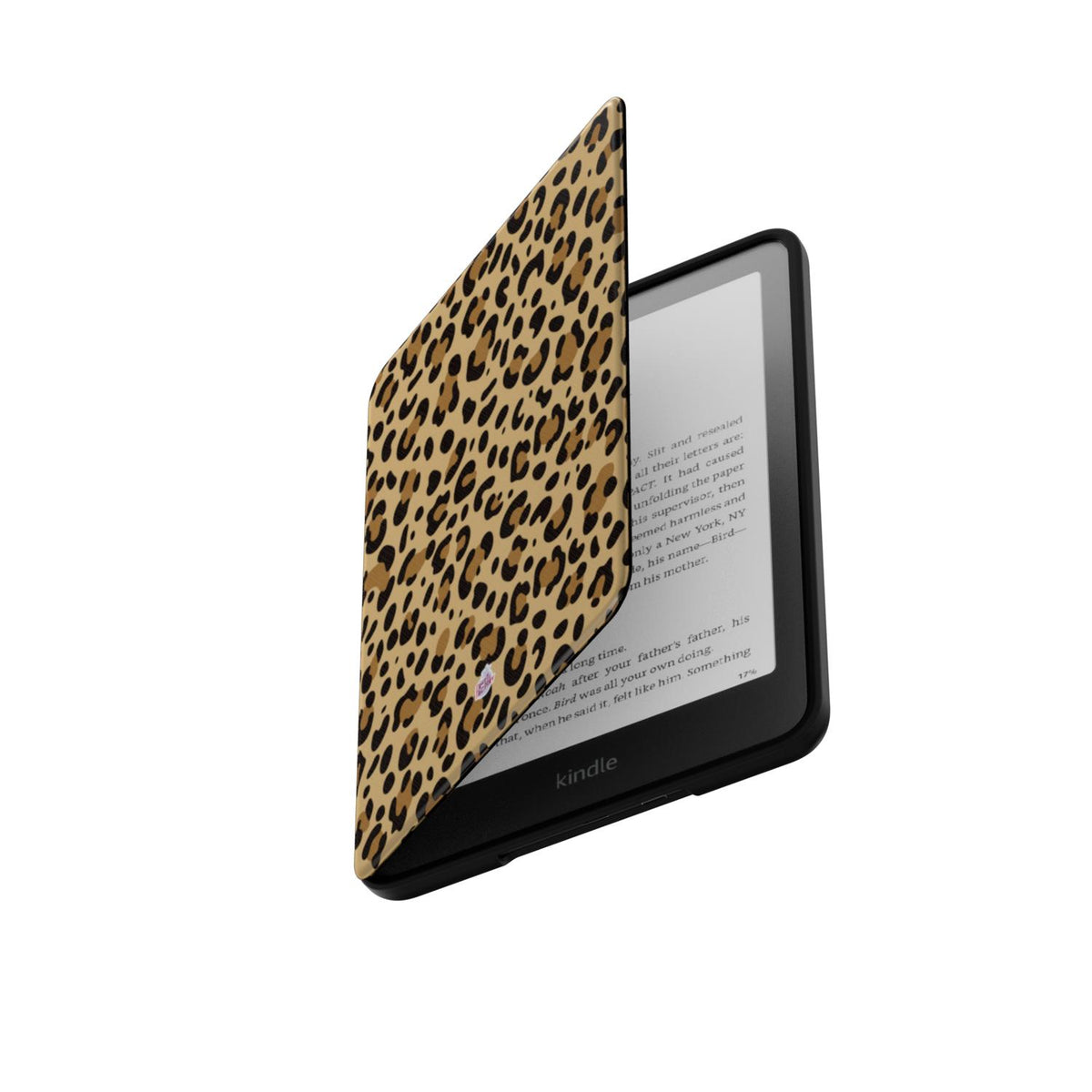 Coque Kindle motif léopard brun, rabat ouvert laissant apparaître la liseuse Kindle