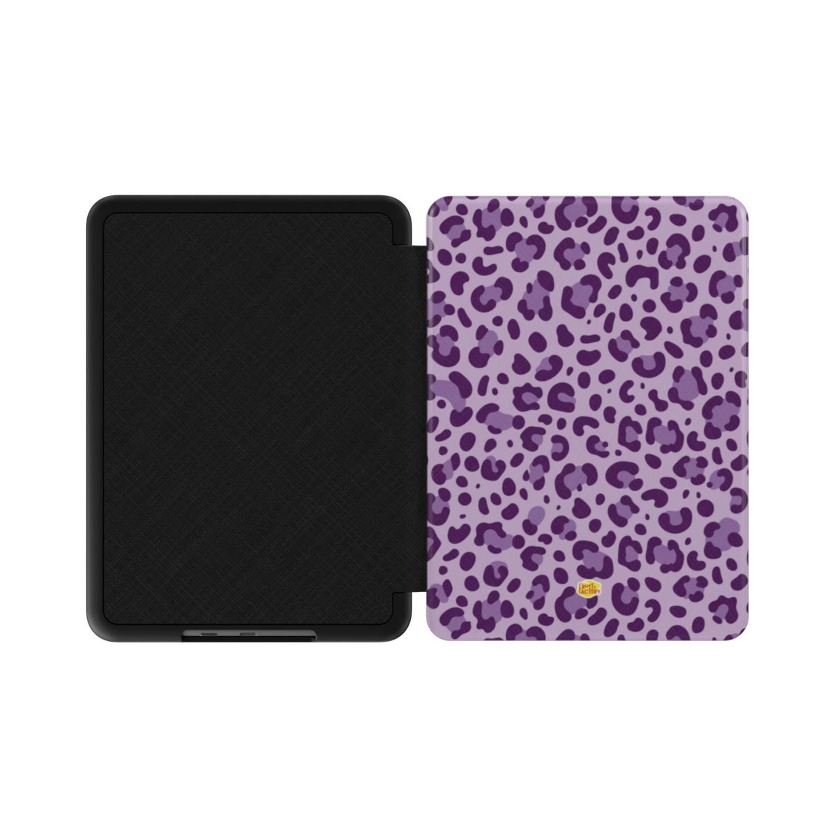 Coque Kindle motif léopard mauve, vue à plat montrant le rabat de protection et la coque arrière