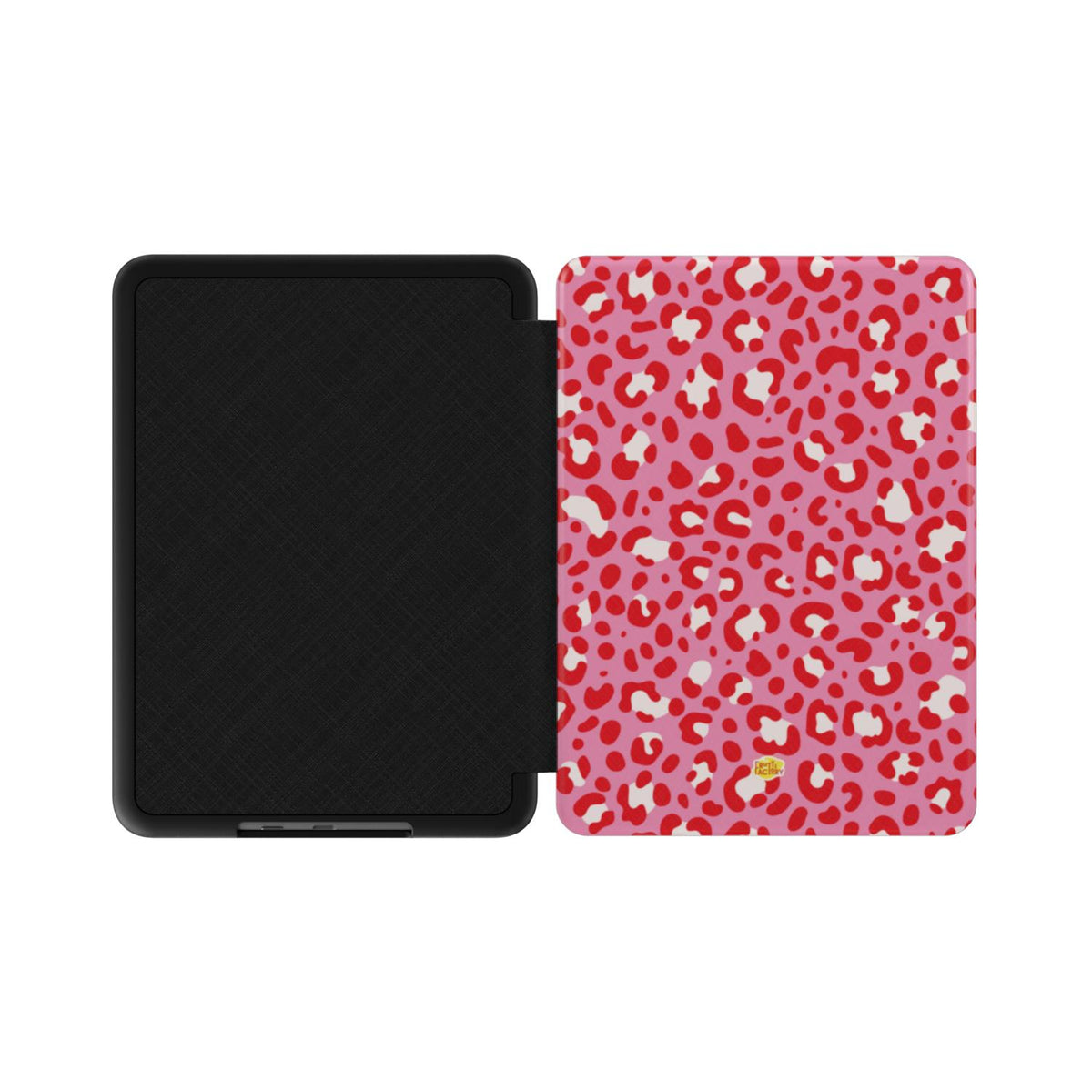 Coque Kindle motif léopard rose, vue à plat montrant le rabat de protection et la coque arrière