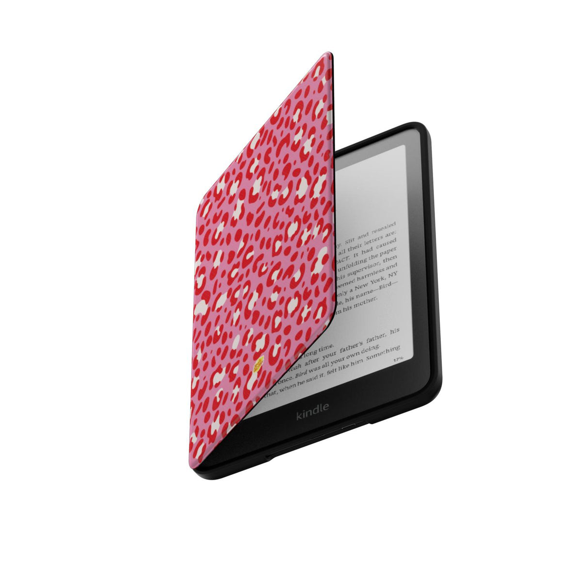 Coque Kindle motif léopard rose, rabat ouvert laissant apparaître la liseuse Kindle