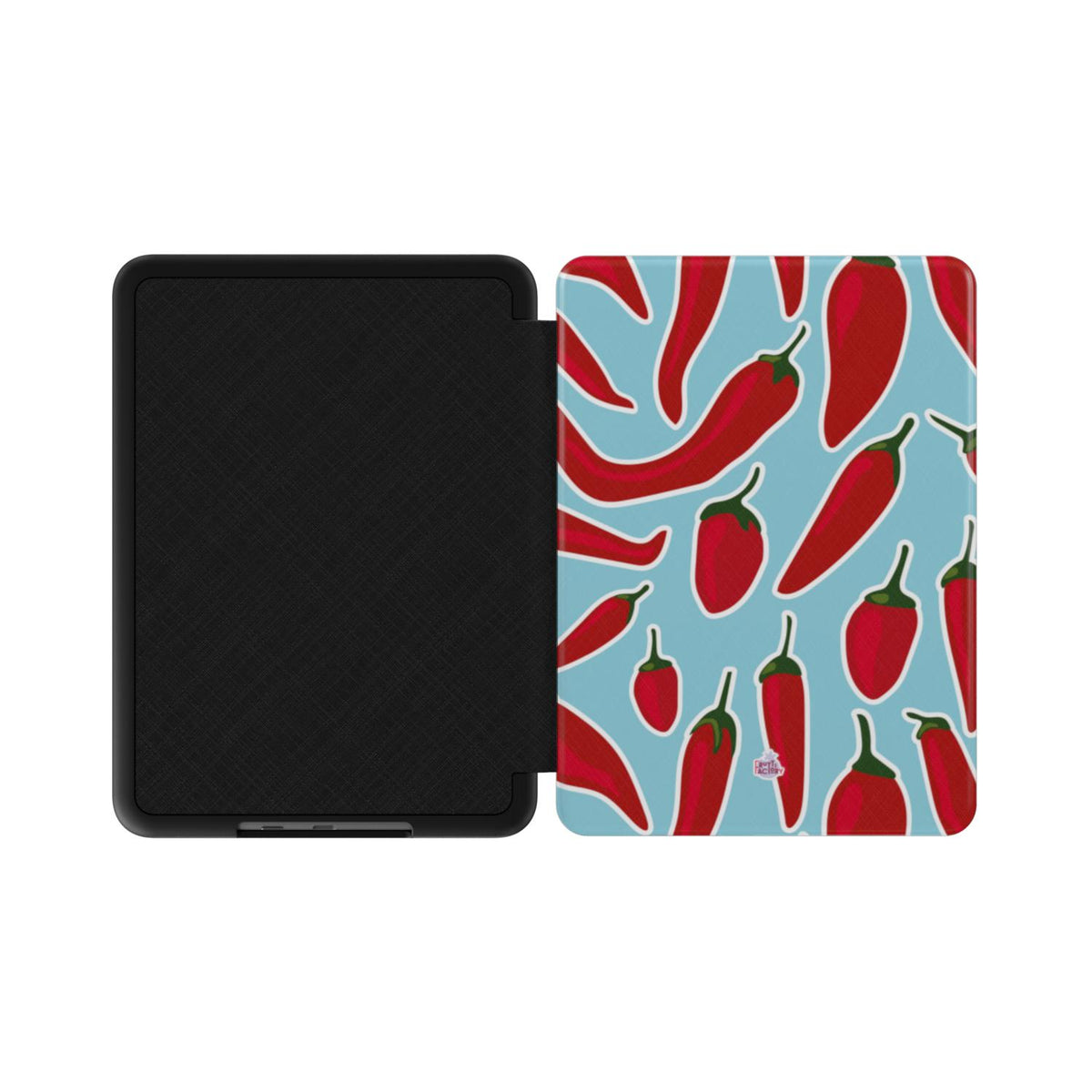 Coque Kindle motif piment bleu, vue à plat montrant le rabat de protection et la coque arrière