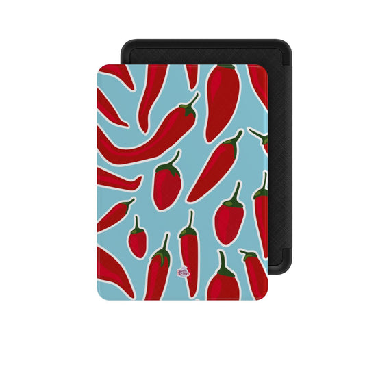 Coque Kindle motif piment bleu, vue de face