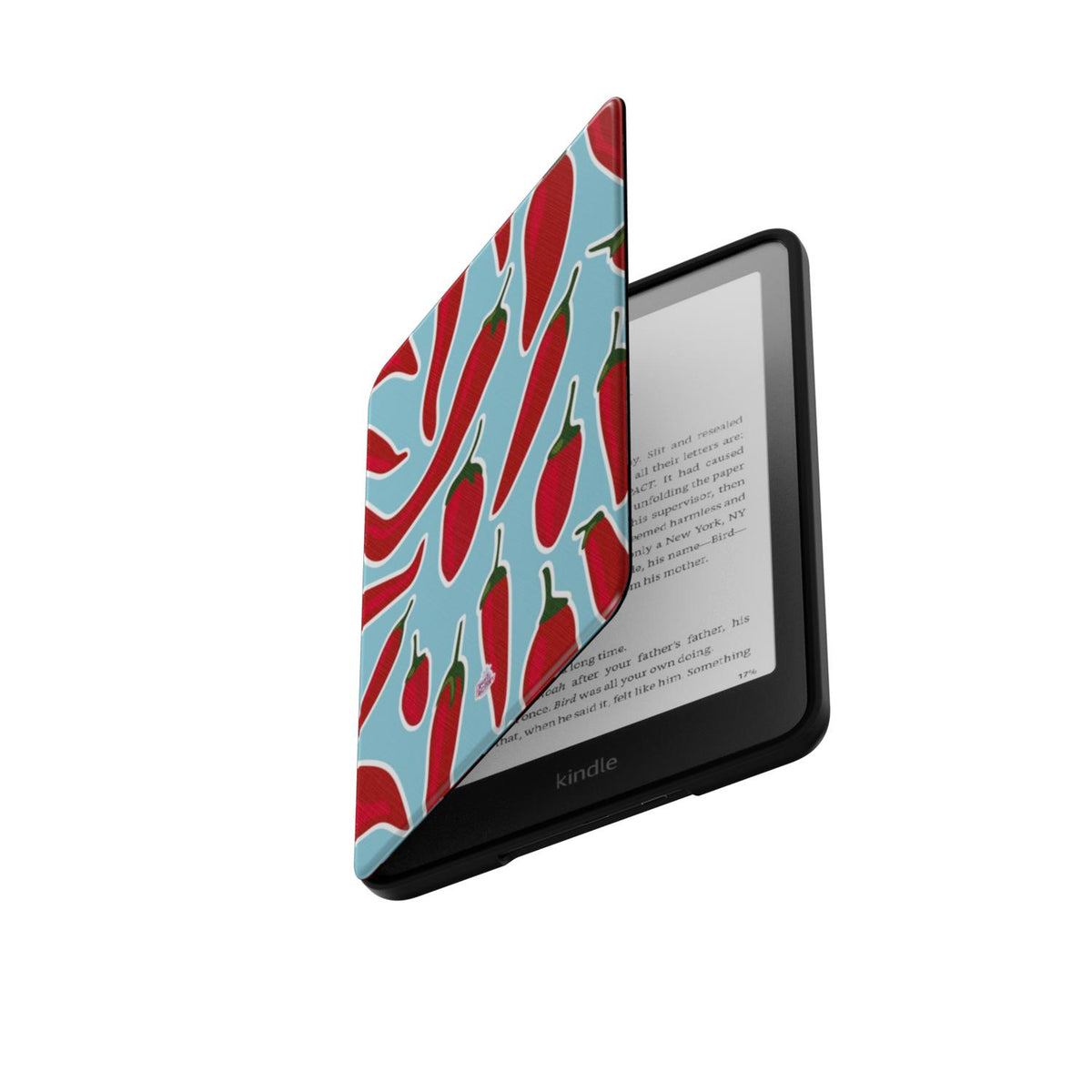 Coque Kindle motif piment bleu, rabat ouvert laissant apparaître la liseuse Kindle
