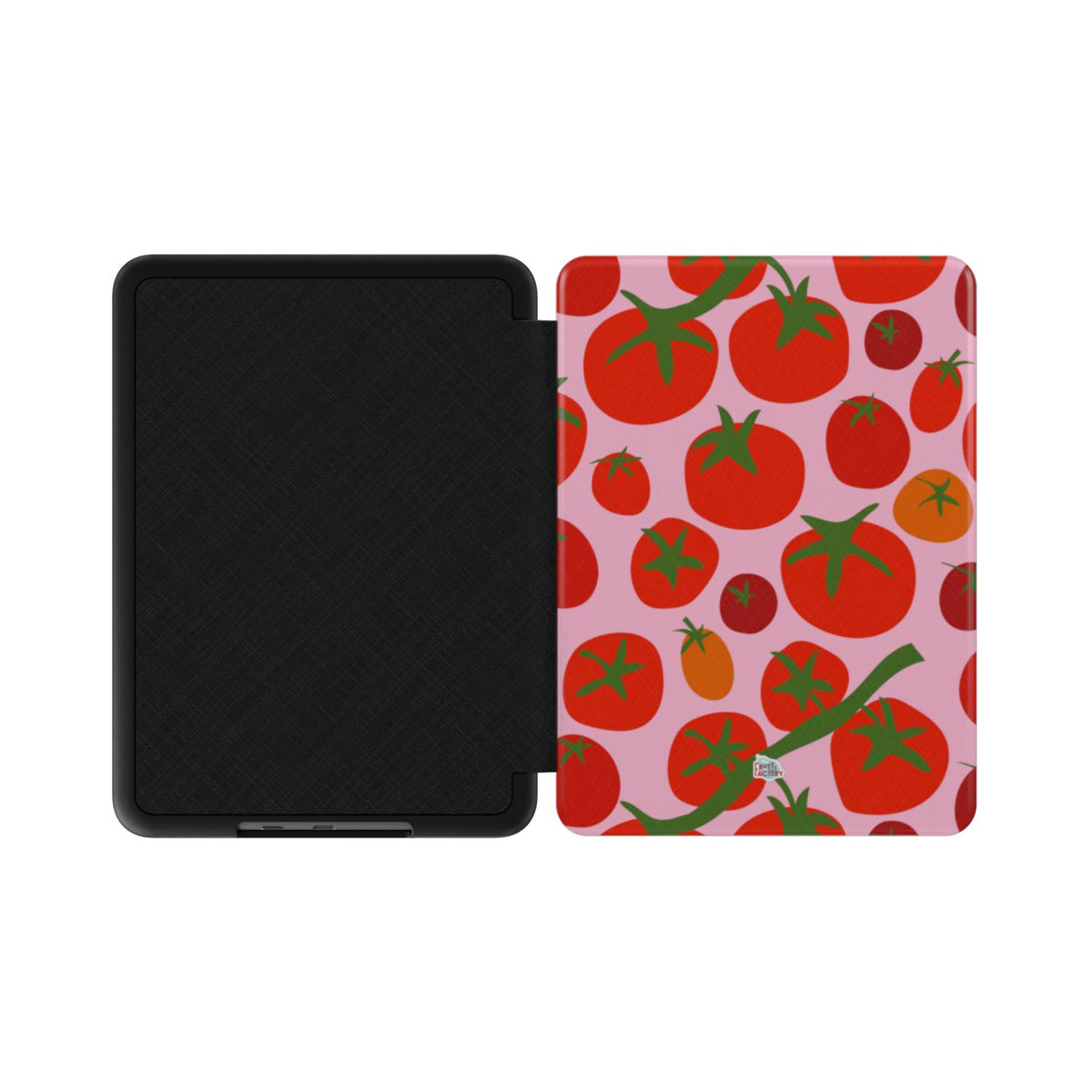 Coque Kindle motif tomate rose, vue à plat montrant le rabat de protection et la coque arrière