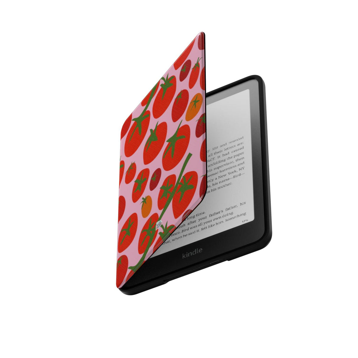 Coque Kindle motif tomate rose, rabat ouvert laissant apparaître la liseuse Kindle