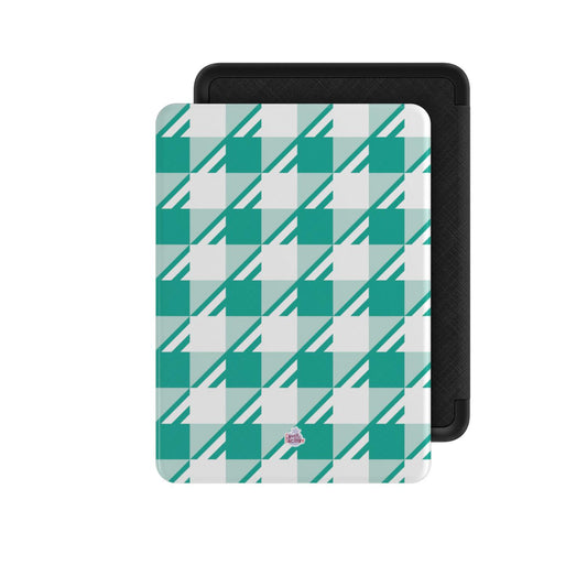 Coque Kindle motif néo-carreau Vichy menthe, vue de face