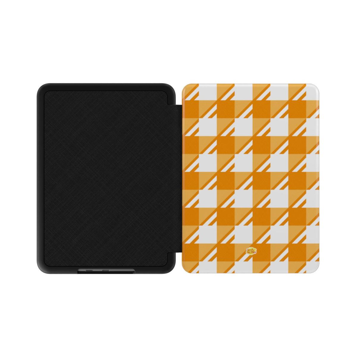 Coque Kindle motif néo-carreau Vichy orange, vue à plat montrant le rabat de protection et la coque arrière