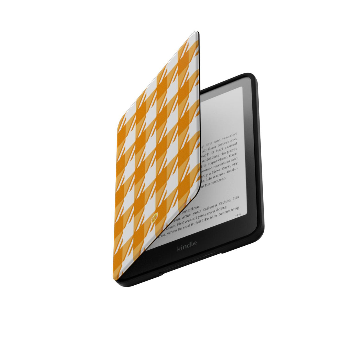 Coque Kindle motif néo-carreau Vichy orange, rabat ouvert laissant apparaître la liseuse Kindle