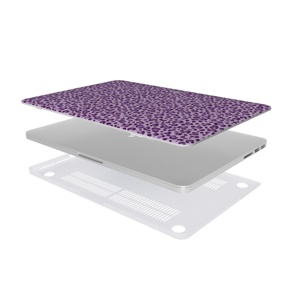 Coque MacBook motif léopard mauve, vue éclatée