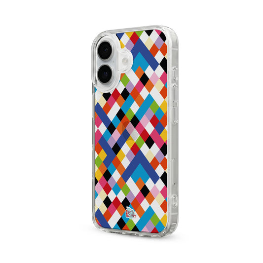 Coque transparente iPhone arlequin multicolore, vue trois quarts