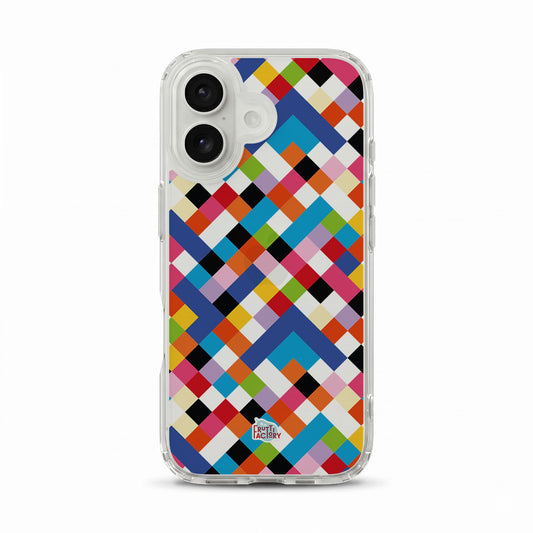 Coque transparente iPhone arlequin multicolore, vue de face