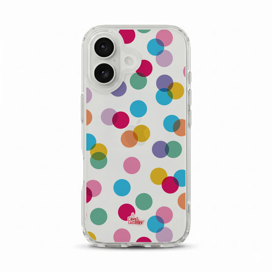 Coque transparente iPhone confettis multicolore, vue de face