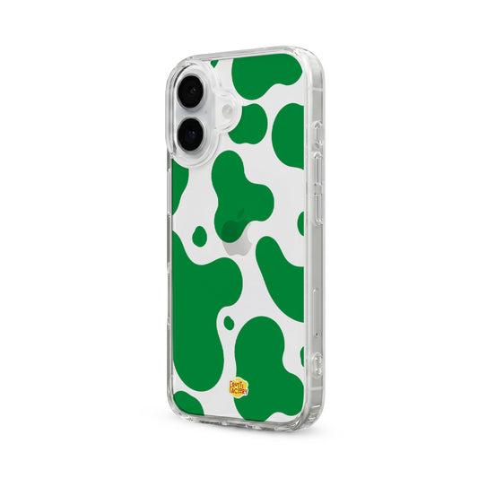 Coque transparente iPhone dinosaure vert, vue trois quarts