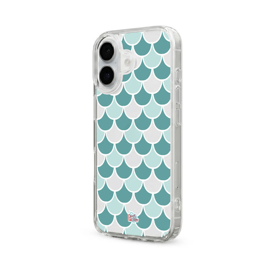 Coque transparente iPhone écailles vert, vue trois quarts