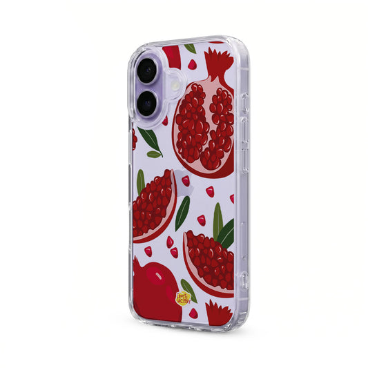 Coque transparente iPhone grenade rouge, vue trois quarts