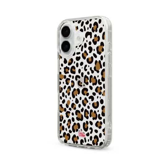 Coque transparente iPhone léopard brun, vue trois quarts
