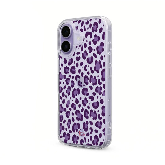 Coque transparente iPhone léopard mauve, vue trois quarts