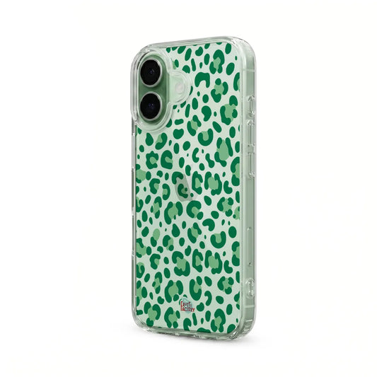 Coque transparente iPhone léopard vert, vue trois quarts