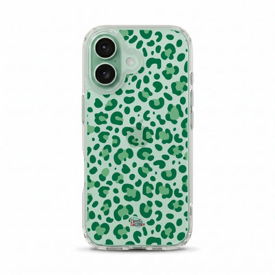 Coque transparente iPhone léopard vert, vue de face
