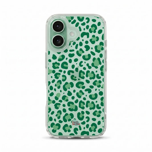 Coque transparente iPhone léopard vert, vue de face