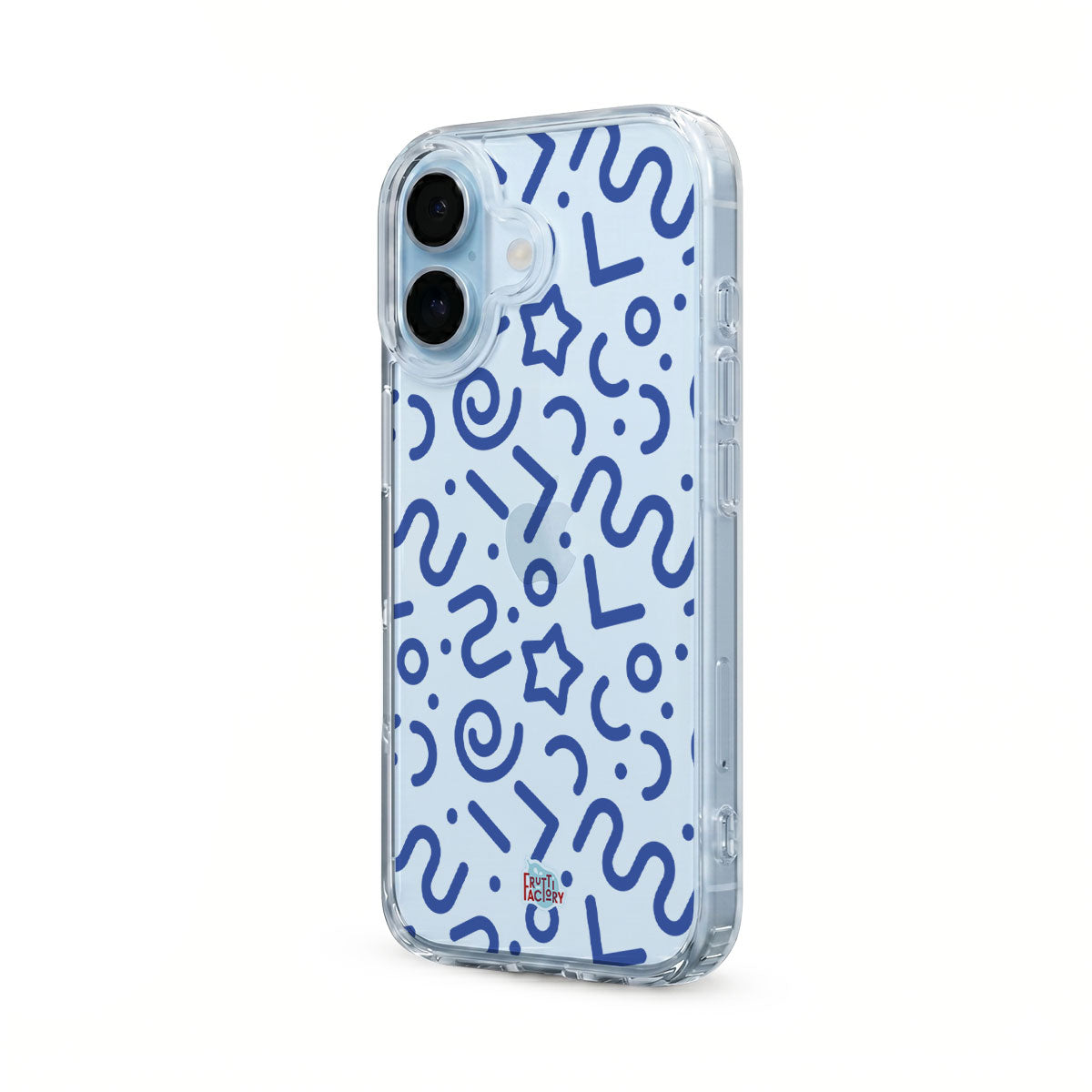 Coque transparente iPhone tortillon bleu, vue trois quarts